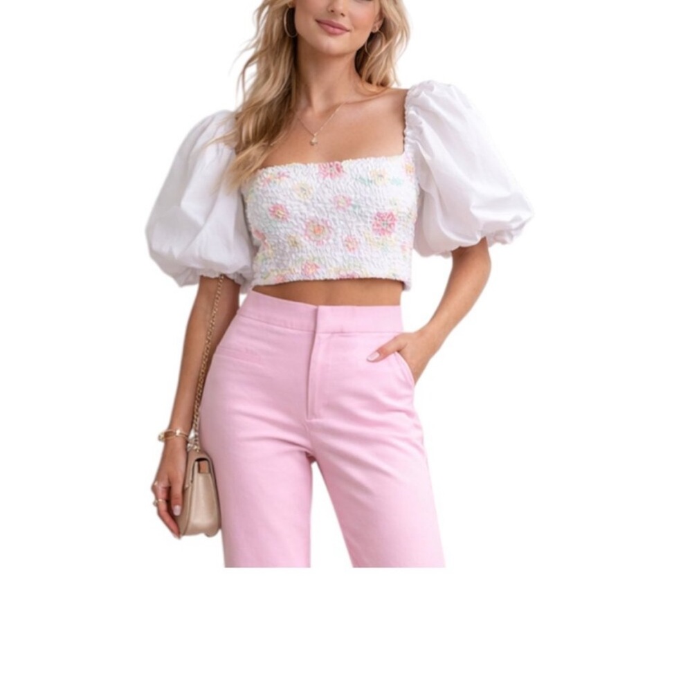 Zara White Floral Smocked Puff Sleeve Crop Top Small